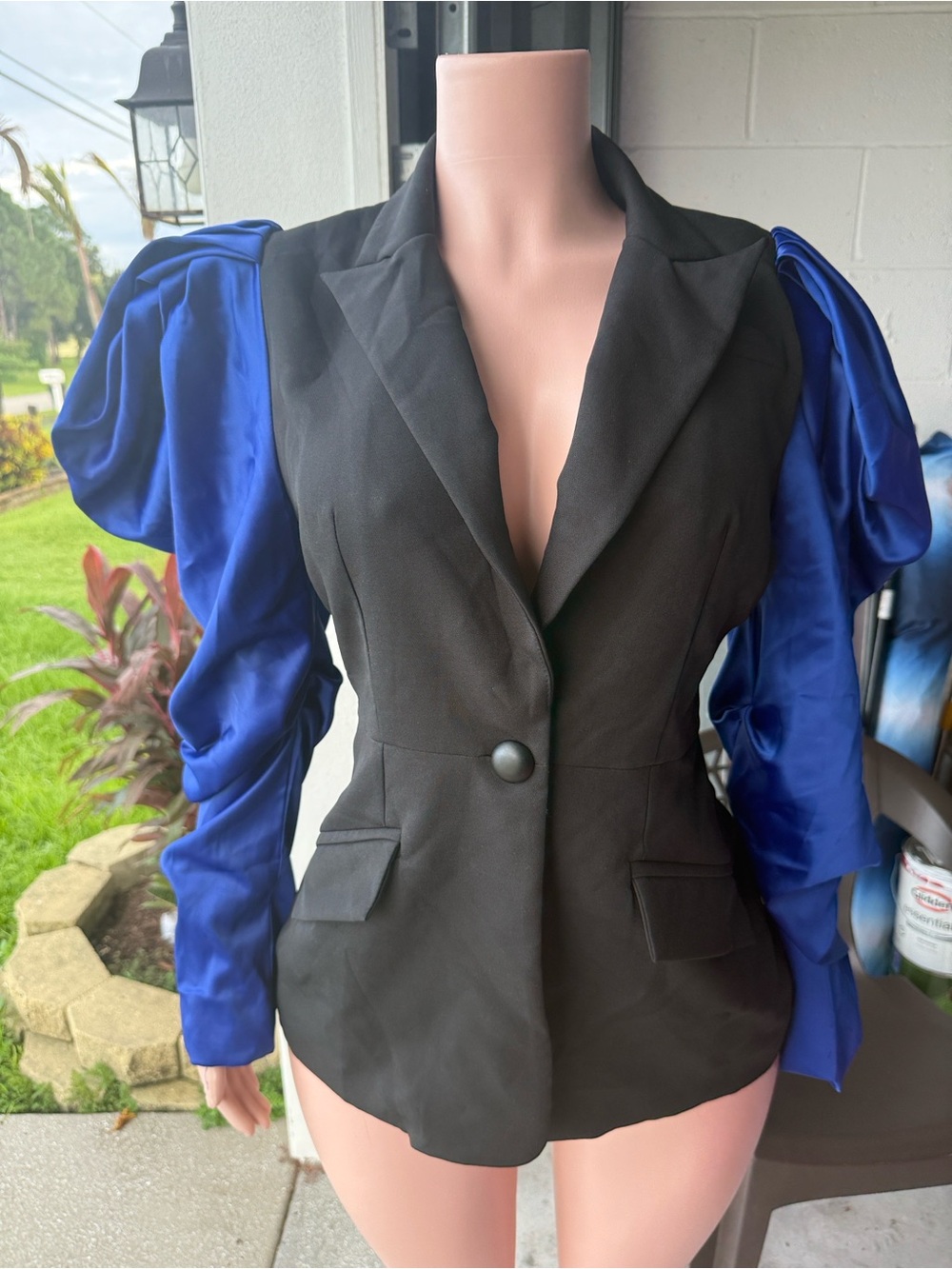 Black Blazer with Royal Blue Statement Puff Sleeves